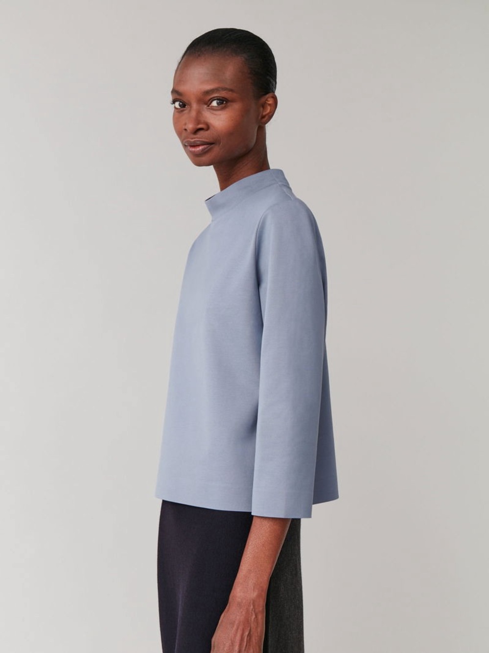 COS Steel Blue Grey Mock Neck 3/4 Sleeve Cotton Top Size Medium